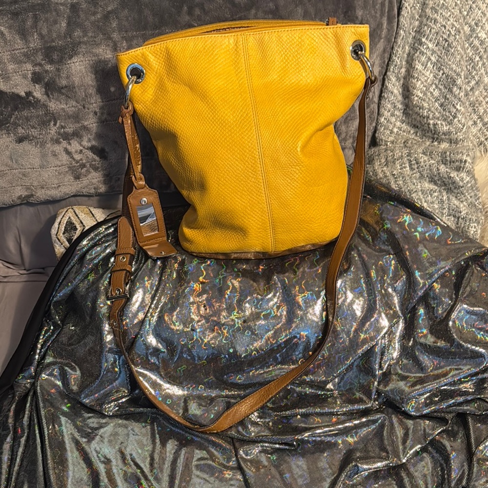 Tignanello Yellow and Brown Shoulder Bag with Slouchy Design